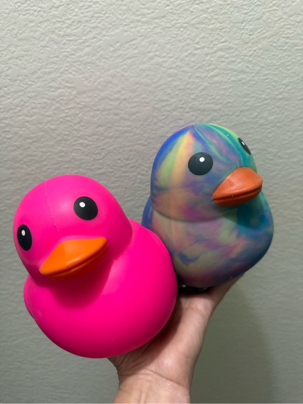 Bundle of 2 Jumbo squishy duck. Over 5 inch. Pink & Tie Dye. NEW. Viral toy